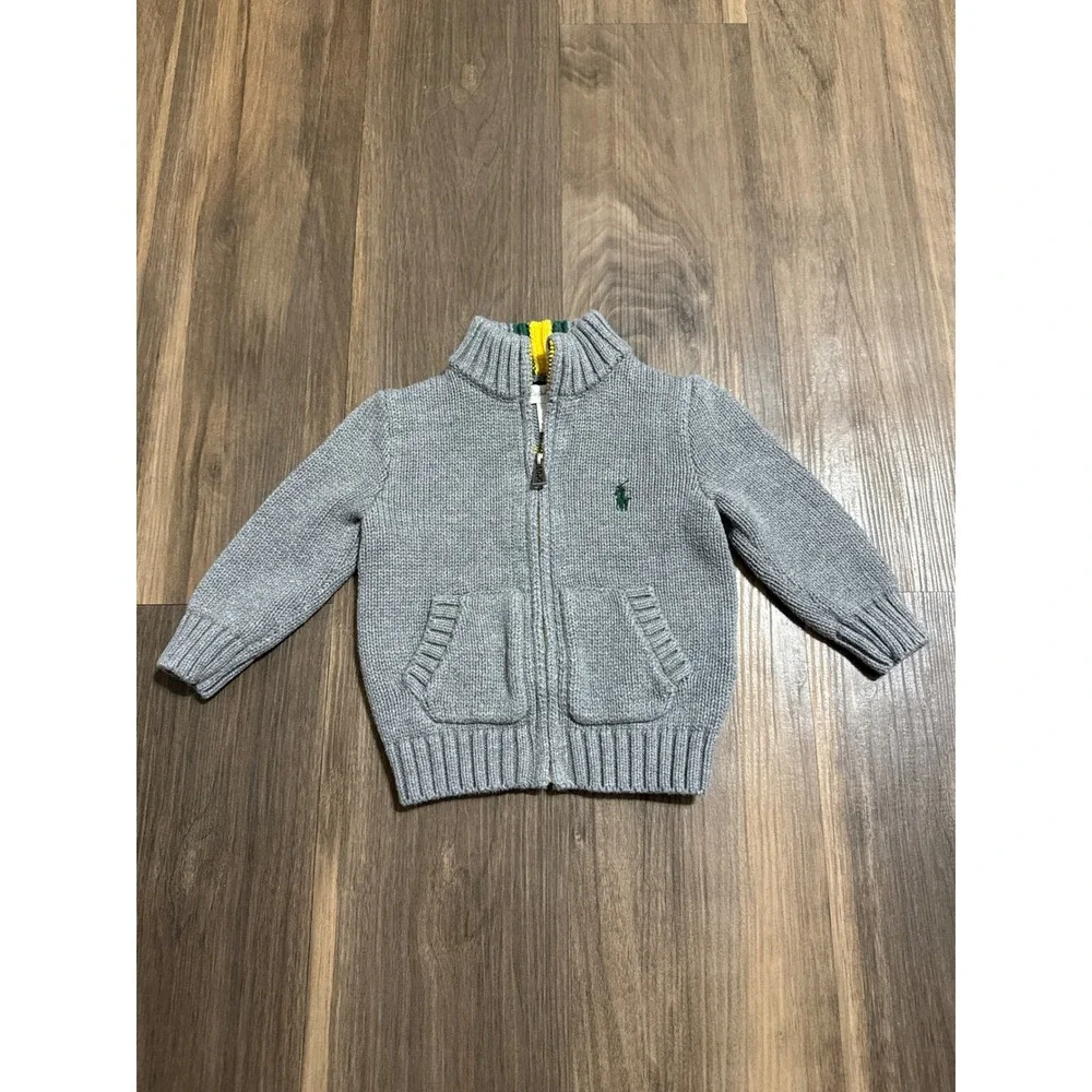 Ralph Lauren Baby Boys' Full Zip Gray Sweater‎ 9 Months 100% Cotton Knit